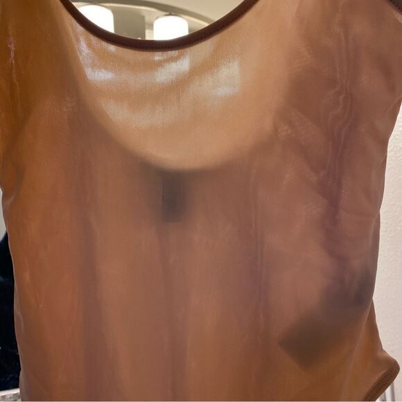Forever 21 scoop neck Unlined tan beige stretch mesh thong bodysuit NWOT small - Picture 7 of 10